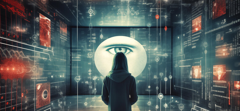 An eye surveillance woman security technology conceptual illustration
