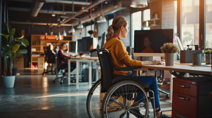 Woman in a wheelchair working in office - obrazy, fototapety, plakaty