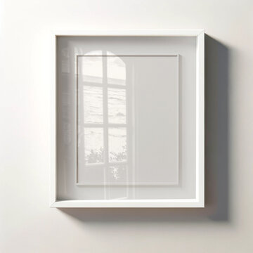 White frame mockup with window reflection. Empty framed canvas for mockups and art illustrations. Blank photo frame hanging on wall.