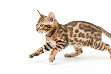 commercial photo of a Bengal cat jumping on a white background