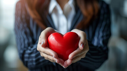 Businesswoman holding red heart in her hands, valentines day concept