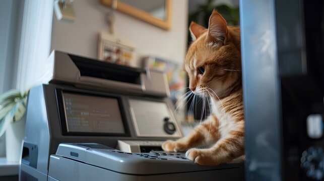 a curious cat mimicking the use of a copy machine in a modern office. generative AI