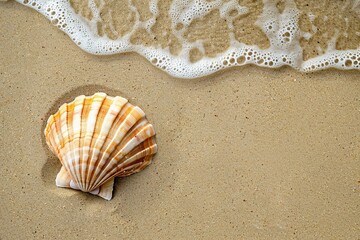 Fototapeta na wymiar A single striped seashell rests on smooth sands, the gentle waves nearby whispering the rhythms of the sea.