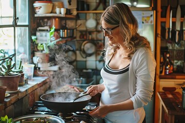A pregnant woman enjoys the art of cooking, surrounded by the charming ambiance of her home kitchen.