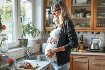 A smiling pregnant woman lovingly cradles her belly in a sunlit kitchen, a moment of peaceful anticipation amid the warmth of home. - obrazy, fototapety, plakaty