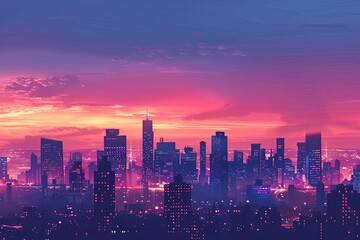 A city skyline awash with the vivid colors of twilight, the day’s end casting a radiant glow over the bustling urban landscape.