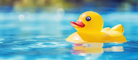 Rolgordijnen A bath toy resembling a yellow rubber ducky is peacefully floating in the water, resembling a bird with its beak and reminding us of waterfowl like ducks, geese, and swans © TheWaterMeloonProjec