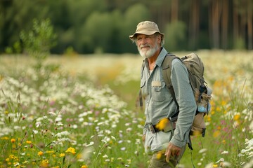 An adventurous senior man pauses on his trek through a vibrant meadow, surrounded by the full bloom of life and color.
