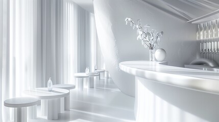 Stylish white bar interior, bright and matte, aesthetic restaurant ambiance