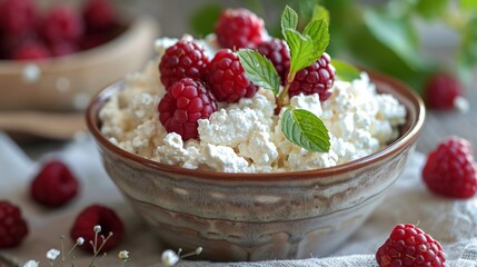 cottage cheese with berries, honey and nuts, fresh berries for breakfast closeup