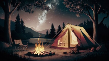  camping with a picturesque scene featuring a tent pitched amidst serene nature, a crackling campfire, and twinkling stars overhead, evoking feelings of adventure and tranquility