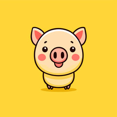 Cute Kawaii Pig Vector Clipart Icon Cartoon Character Icon on a Lemon Yellow Background
