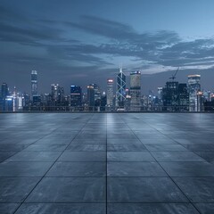 Fototapeta na wymiar Panoramic view of empty concrete tiles floor with city skyline. Night scene. Generative AI