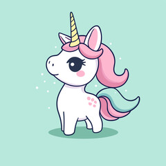 Cute Kawaii Unicorn Vector Clipart Icon Cartoon Character Icon on a Mint Green Background