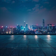 Panoramic view of empty concrete tiles floor with city skyline. Night scene. Generative AI