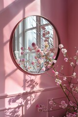 pink flowers in a branch, a mirror on a pink wall, a sunny day in an elegant interior