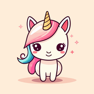 Cute Kawaii Unicorn Vector Clipart Icon Cartoon Character Icon on a Cream Background