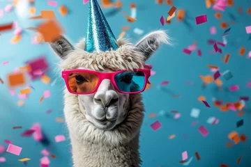 Fotobehang Festive Llama Celebrating in Style at a New Years Eve Carnival Bash © MiraCle72