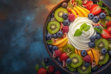 Frozen yogurt with fresh fruits, vibrant and healthy, morning light, top view clean sharp focus
