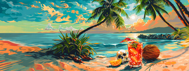 Fototapeta na wymiar Banner de Dibujo colorido de coctel con calavera y coco en playa paradisiaca