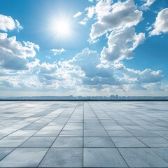 Vast open space, empty floor and city with blue sky and white clouds background. Generative AI