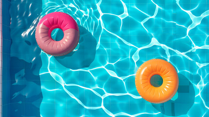 Two inflatable rings floating in a blue pool, top view with space for text. Summer vacation - obrazy, fototapety, plakaty
