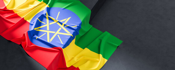 Flag of Ethiopia. Fabric textured Ethiopia flag isolated on dark background. 3D illustration - 766317537