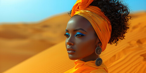 modern black woman with a turban in the desert
