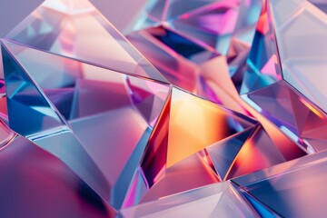 Obraz premium Abstract render of colorful glass geometric shapes with reflective surfaces. Vibrant and reflective glass contrast against geometric shapes, creating an abstract and futuristic atmosphere. 