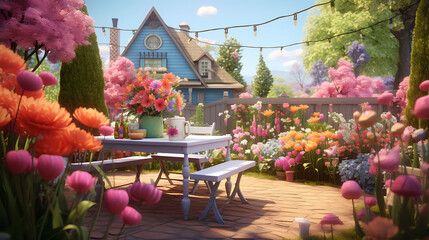  A charming backyard garden adorned with followers r, surrounded by vibrant blossoms and joyful celebrations - Powered by Adobe