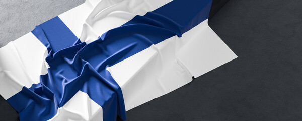 Flag of Finland. Fabric textured Finland flag isolated on dark background. 3D illustration