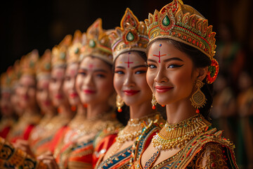 Women dressed in traditional Thai clothing performing a cultural dance on Wesak or Vesak Day