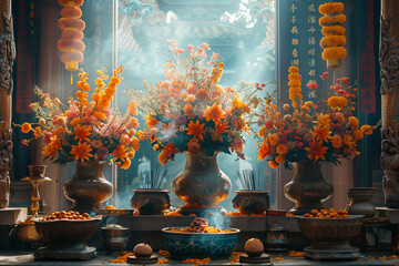 Abundant orange flowers fill a sizable vase  Wesak or Vesak Day - obrazy, fototapety, plakaty