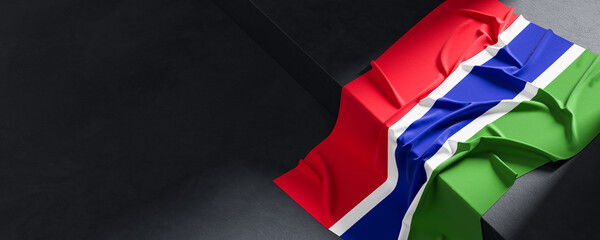Flag of Gambia. Fabric textured Gambia flag isolated on dark background. 3D illustration - 766317942