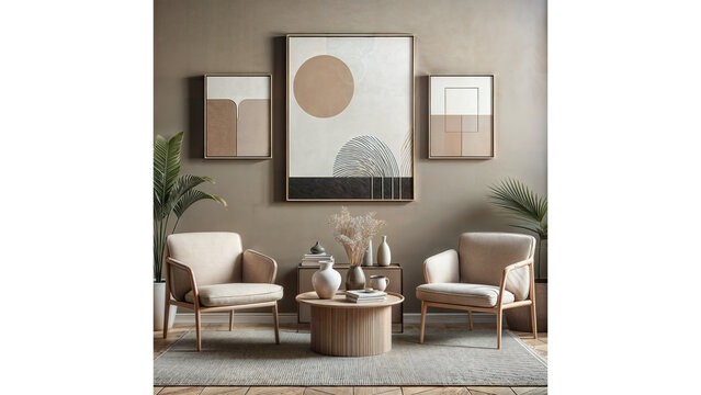a living room with two chairs and three pictures on the wall, a minimalist painting , shutterstock, minimalism, stockphoto, stock photo, minimalist