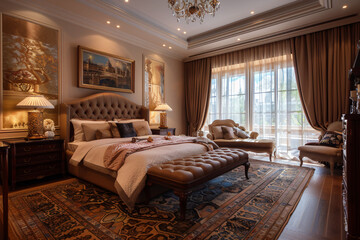 a spacious room with king size master bed , lighting ceiling, glassy windows and relaxing composition of interior