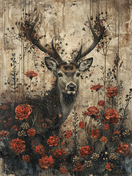 a painting of a deer, sitting in the flowers