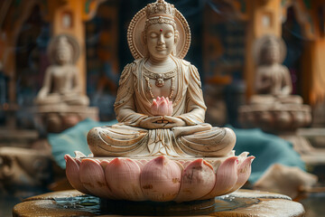 A buddha statue seated atop a flowing water fountain  wesak or vesak day - obrazy, fototapety, plakaty