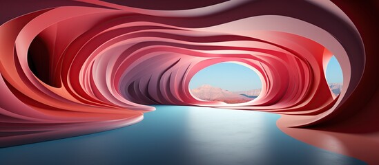 Abstract red tunnel with blue sky and clouds.