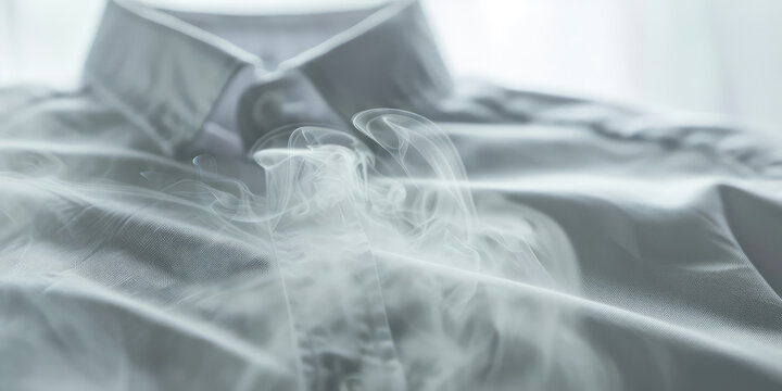 Close-up of an office shirt surrounded by puffs of hot steam. Creative concept for a vertical clothes steamer.