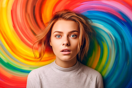 shocked girl against the background of multi-colored strokes of paint generative AI