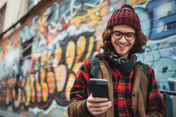 Smiling young man texting on smartphone by graffiti wall.