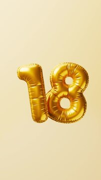 Golden balloons Number 18 rise and float animation. Anniversary concept. 3d render