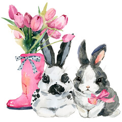 Cute watercolor baby bunny with flowers bouquet. Hand-drawn watercolor portrait of a rabbit bunny with a bouquet of flowers - 766319109