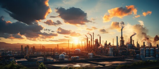 Oil refinery plant at sunset. Oil and gas industry. Panoramic view. - obrazy, fototapety, plakaty