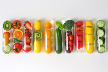 Top view of colorful fruits and vegetables in pill bottles, symbolizing diet and health.