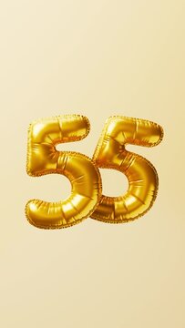 Golden balloons Number 55 rise and float animation. Anniversary concept. 3d render