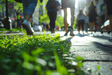 Low angle view of pedestrians walking on a sunny, vibrant city street with green grass.