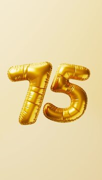 Golden balloons Number 75 rise and float animation. Anniversary concept. 3d render