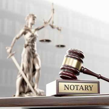 Notary: Judge's Gavel as a symbol of legal system, Themis is the goddess of justice and wooden stand with text word on the background of books